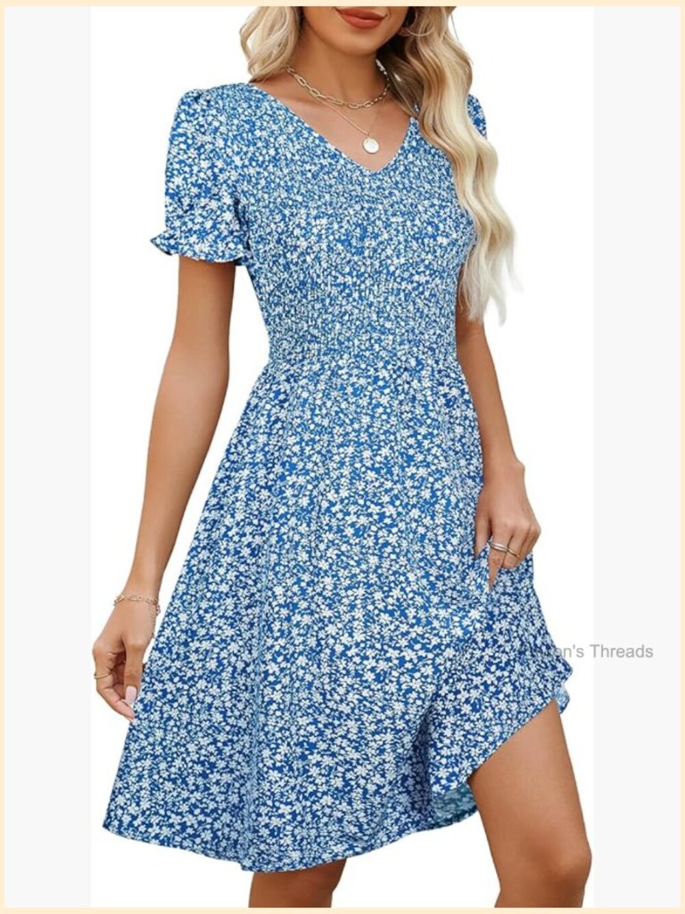 Women's Smocked V-Neck Short Sleeve A-Line Knee-Length Dress With Pockets